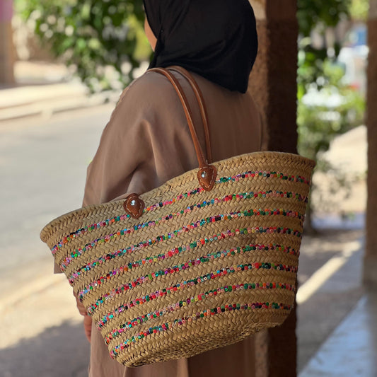 LARGE BEACH BAG WITH MIXED COLOR SEQUIN LINES