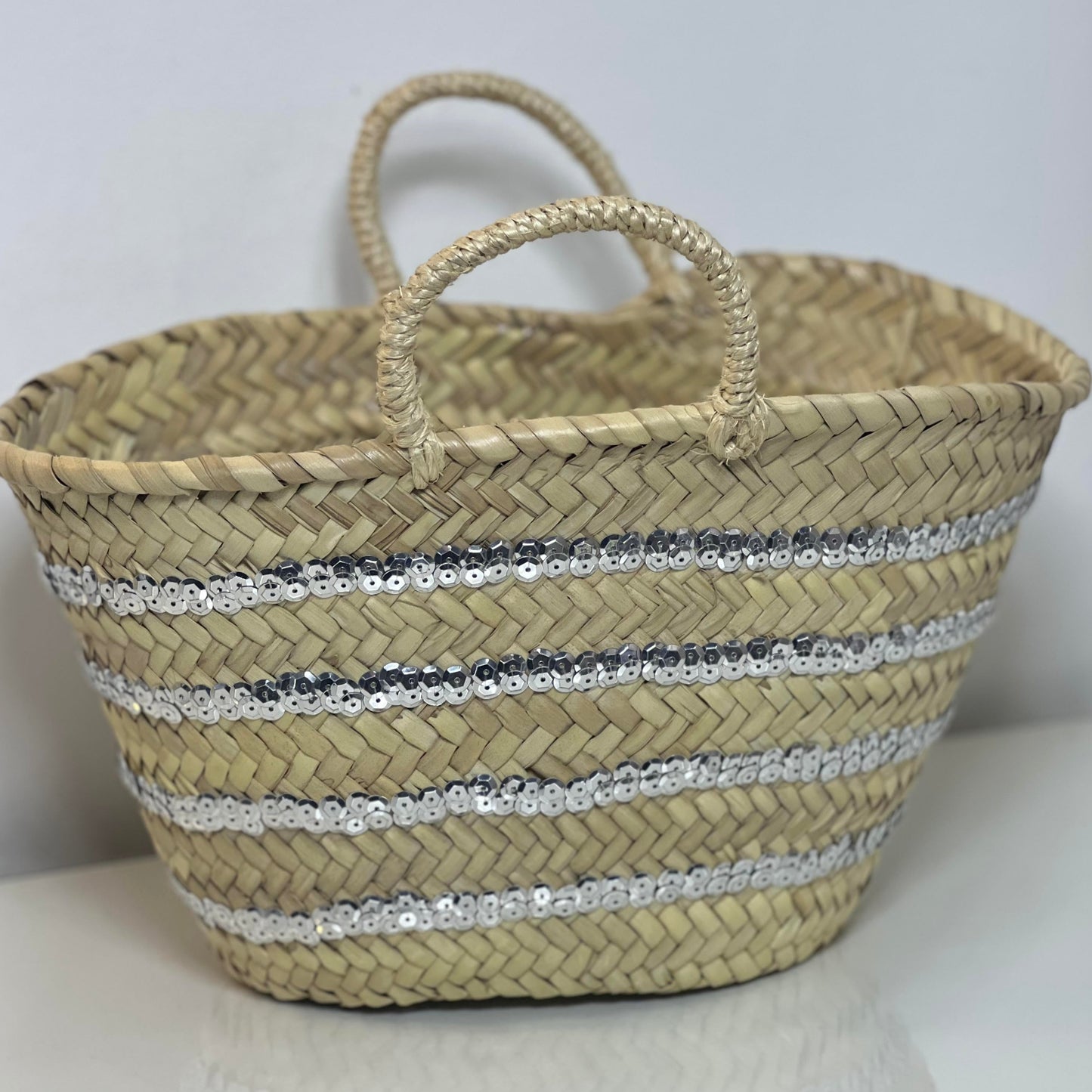 MINI BEACH BASKET WITH SILVER SEQUIN DECORATION