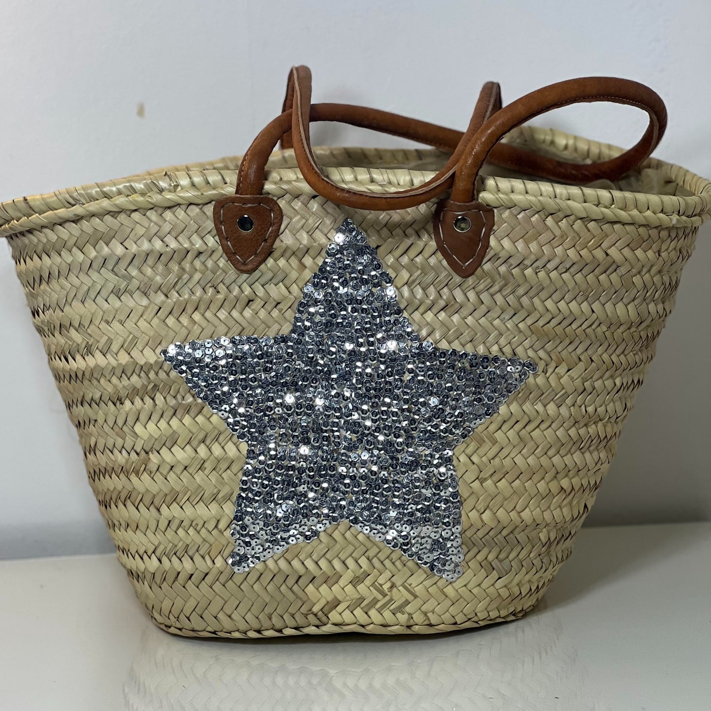LARGE BEACH BAG WITH SILVER SEQUIN STAR